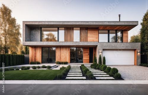 Modern small minimalist cubic house with wooden cladding and concrete walls and landscaping design front yard. Residential architecture exterior with driveway to garage door © Roman