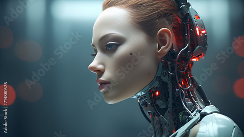 A close-up of a female humanoid robot, Futuristic Artificial Intellegence Robotics, Cyborg woman, AI generated photo