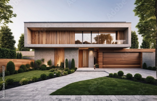 Modern small minimalist cubic house with wooden cladding and concrete walls and landscaping design front yard. Residential architecture exterior with driveway to garage door © Roman
