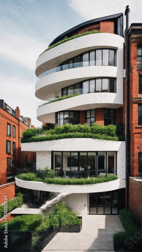 Modern townhouse blending brick and steel white 4 floors soho style with roof deck taking inspiration from the Mobius strip with a green roof 