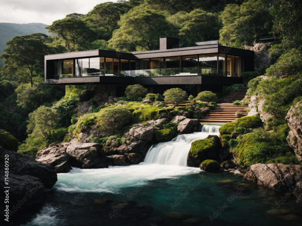 Luxurious and modern matte black villa located near a cascading waterfall, surrounded by rocks and trees and the ocean. The villa exudes sophistication with its flowing lines and modern architecture. Luxurious and modern matte black villa located near a cascading waterfall, surrounded by rocks and trees and the ocean. The villa exudes sophistication with its flowing lines and modern architecture.