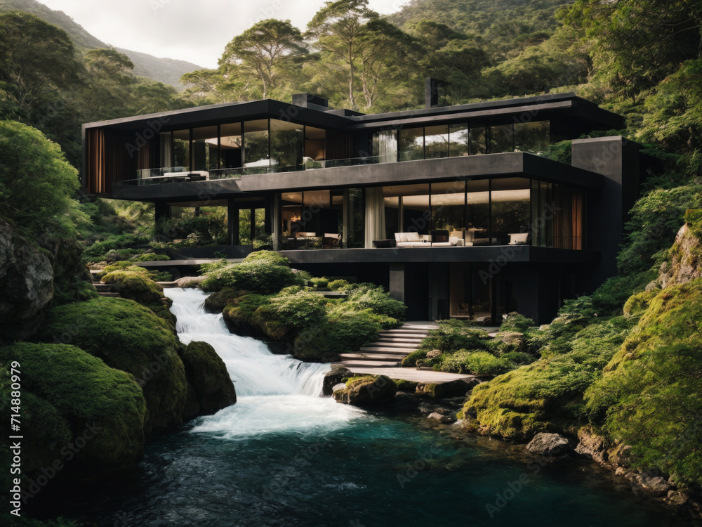 Luxurious and modern matte black villa located near a cascading waterfall, surrounded by rocks and trees and the ocean. The villa exudes sophistication with its flowing lines and modern architecture. Luxurious and modern matte black villa located near a cascading waterfall, surrounded by rocks and trees and the ocean. The villa exudes sophistication with its flowing lines and modern architecture.