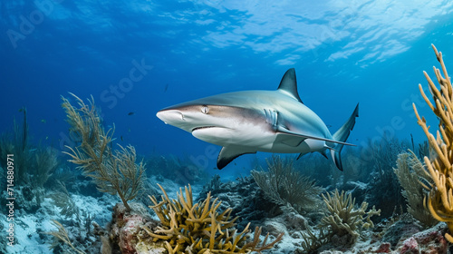 Caribbean Reef Shark in the blue sea water. AI Generative
