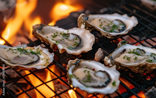 fresh oysters on grill with fire