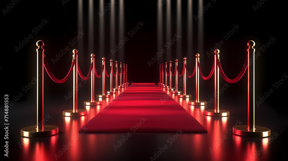 Red carpet staircase with smoke and spotlights, holiday awards ceremony event Red carpet staircase with smoke and spotlights, holiday awards ceremony event
