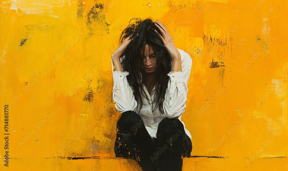 A woman with long hair and a white shirt, sitting on a yellow wall and looking at the camera. Generative AI