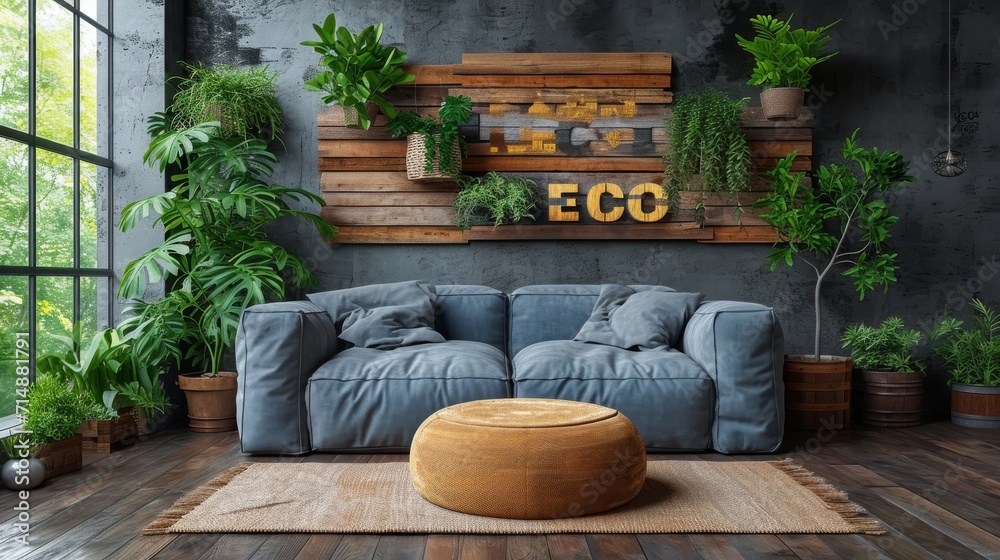 Modern living room with a large window. The room has a gray corner sofa, a wooden coffee table on the carpet and green plants in pots Concept: eco-natural elements in the interior