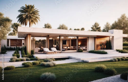 Modern ranch style minimalist cubic house with terrace and landscaping design front yard. Modern luxury minimalist cubic house, villa © Roman