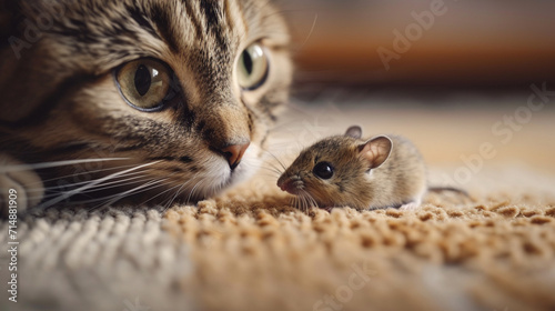 Cat playing with little gerbil mouse on the table. Portrait from animal. AI Generative