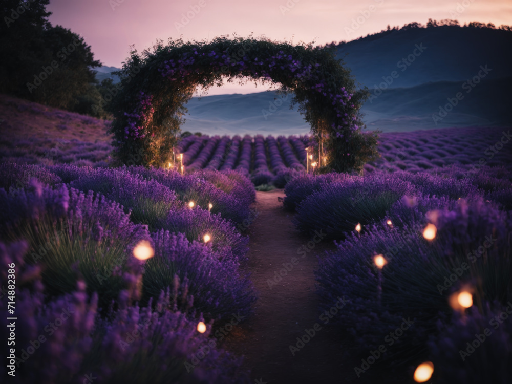 A door to a fantasy paradise. Intense purple lavender field оverwhelmed with blooming bushes grown for cosmetic purposes. Sunset time with sky filled with cumulus clouds and rays sunlight. 
