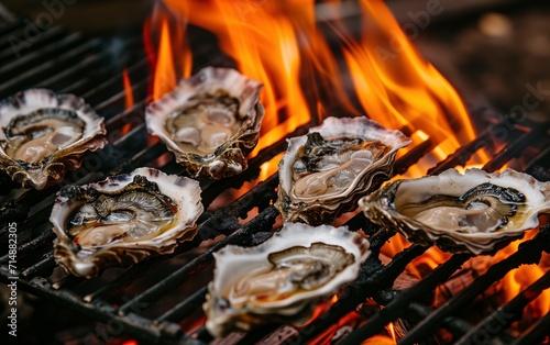 fresh oysters on grill with fire