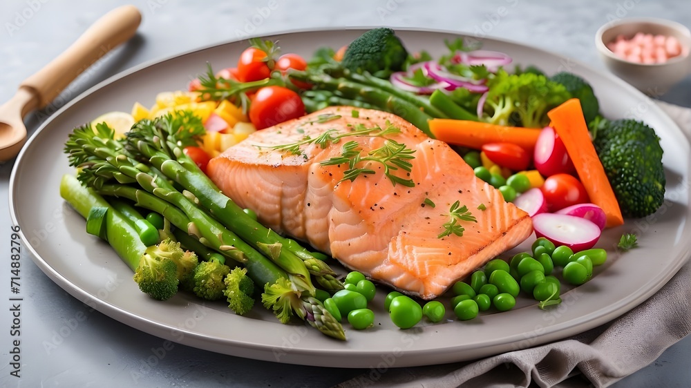 grilled steak with vegetables,Asparagus, broccoli, carrots, tomatoes, radish, green beans, and peas accompany roasted salmon steak. Fish dish served with raw vegetables grilled steak with vegetables,Asparagus, broccoli, carrots, tomatoes, radish, green beans, and peas accompany roasted salmon steak. Fish dish served with raw vegetables