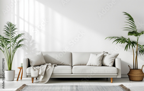 Interior of the living room. Furnished with a sofa  table  vase  and houseplants. Modern and minimalist style interior