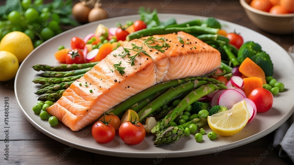 grilled salmon with vegetables, Asparagus, broccoli, carrots, tomatoes, radish, green beans, and peas accompany roasted salmon steak. Fish dish served with raw vegetables grilled salmon with vegetables, Asparagus, broccoli, carrots, tomatoes, radish, green beans, and peas accompany roasted salmon steak. Fish dish served with raw vegetables