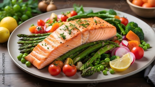 grilled salmon with vegetables, Asparagus, broccoli, carrots, tomatoes, radish, green beans, and peas accompany roasted salmon steak. Fish dish served with raw vegetables