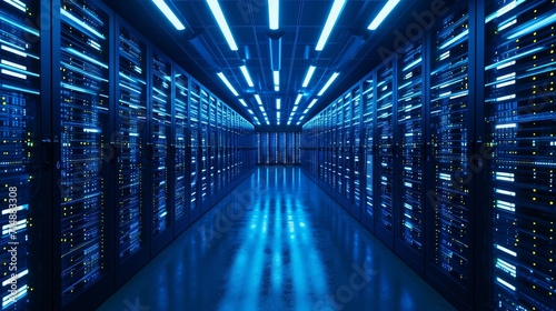 Modern Data Technology Center Server Racks in Dark Room with VFX. Visualization Concept of Internet of Things, Data Flow, Digitalization of Internet Traffic. 