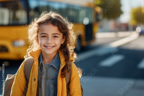 Little girl with backpack and books looking at camera yellow school bus on background. Back to school.