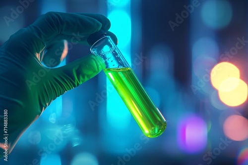 A green liquid in a clear glass vial. Generative AI photo