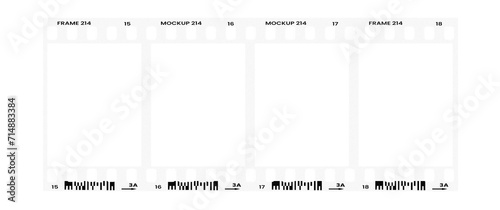 Camera transparent film strip mockup, isolated on white background template frame, real high-res 35mm photo scan analogue sheet negative