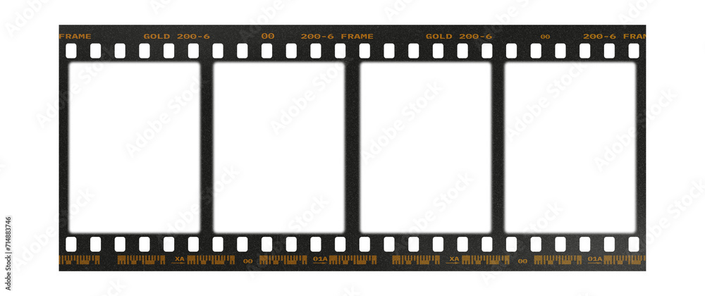 Camera transparent film strip mockup, isolated on white background template frame, real high-res 35mm photo scan analogue sheet negative