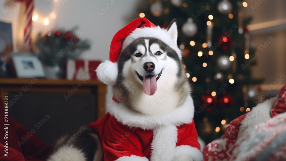 Siberian Husky wearing Santa Claus costume sitting with Christmas tree as background