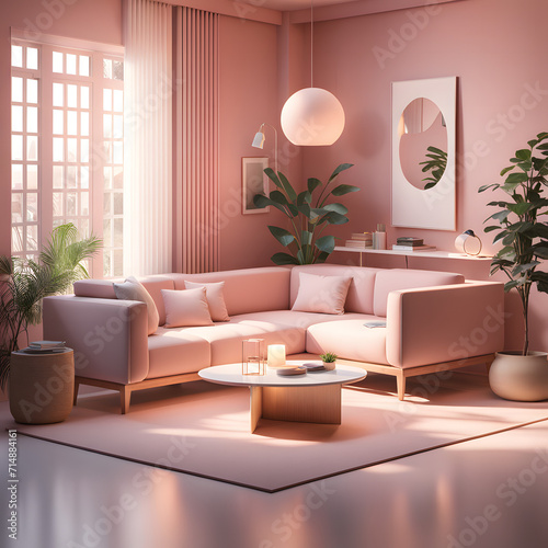 Minimal living room with sofa  table and soft pink light and color