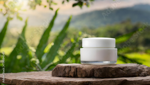 Front view of cosmetic cream jar product display mockup on nature