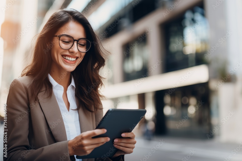 Young busy pretty business woman professional office manager executive or global international company employee standing on big city street outside using digital tablet fintech device. Young busy pretty business woman professional office manager executive or global international company employee standing on big city street outside using digital tablet fintech device.