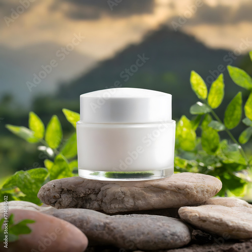 Front view of cosmetic cream jar product display mockup on nature