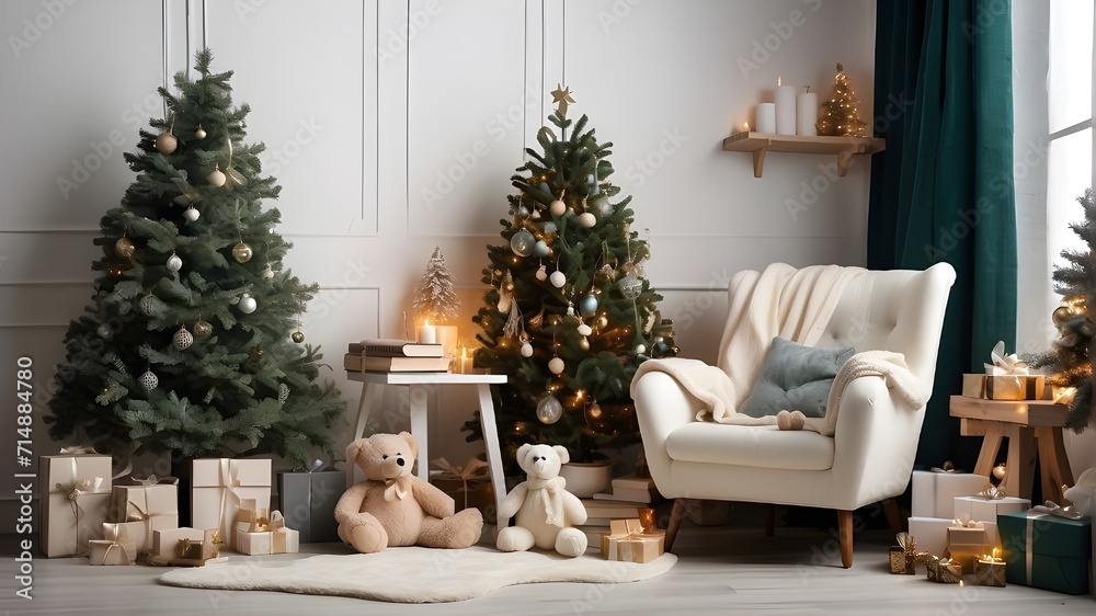family decorating christmas tree,A Christmas and New Year's picture studio with a white wall, a comfortable chair, a plush toy, a green tree, garlands, and a glass for milk. Books, journals, and artic