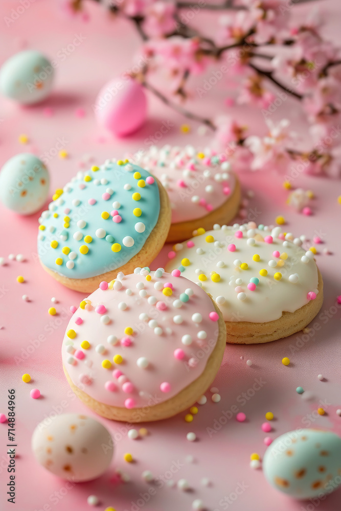magazine editorial photo of pastel cookies biscuits in easter egg shape for holiday party with floral spring details afternoon tea baking coffee shop seasonal design with icing minimalist background