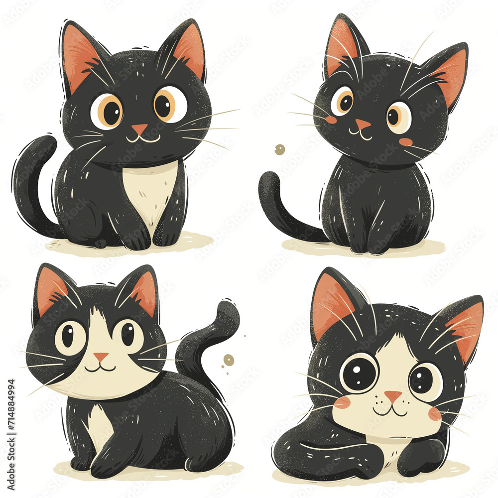 Clipart set of 4 simple abstract happy playful kittens by Generative AI