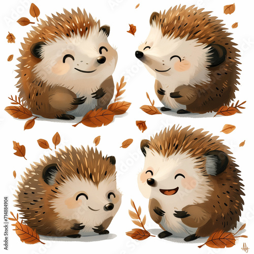 Clipart set of 4 simple abstract happy hedgehogs by Generative AI