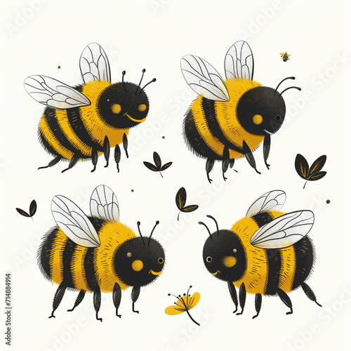 Clipart set of 4 simple abstract happy bees by Generative AI © PpNutthanon