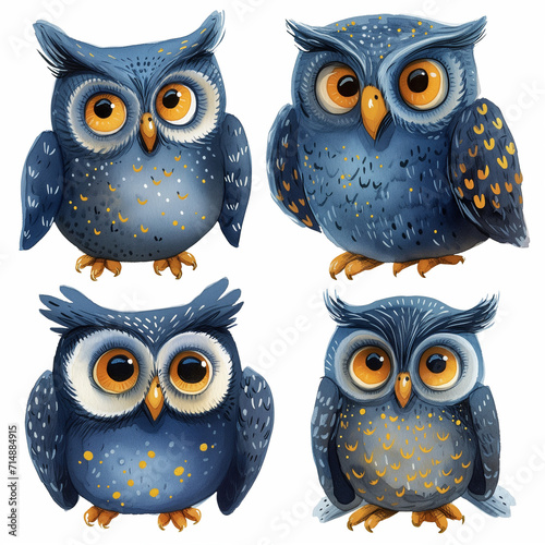 Clipart set of 4 simple abstract happy owls by Generative AI