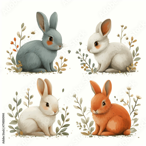 Clipart set of 4 simple abstract happy bunnies by Generative AI