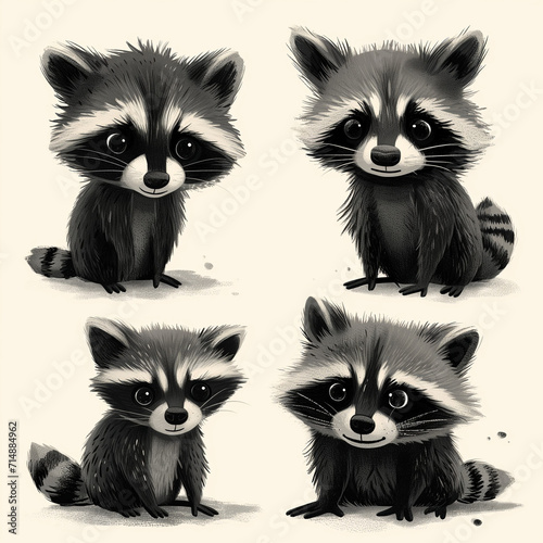 Clipart set of 4 simple abstract happy raccoons by Generative AI