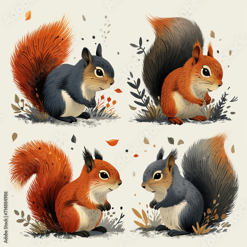 Clipart set of 4 simple abstract happy squirrels by Generative AI