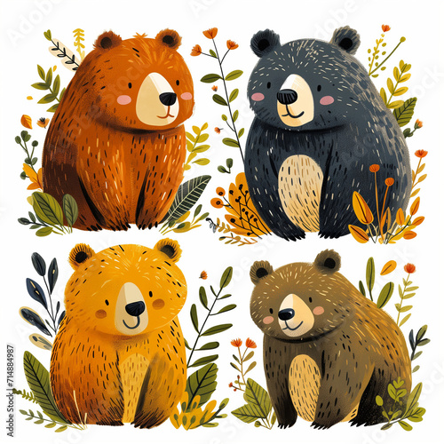 Clipart set of 4 simple abstract happy chubby bears by Generative AI