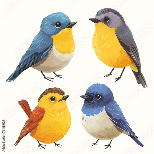 Clipart set of 4 simple abstract happy little birds by Generative AI