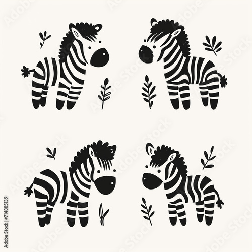 Clipart set of 4 simple abstract happy zebras by Generative AI