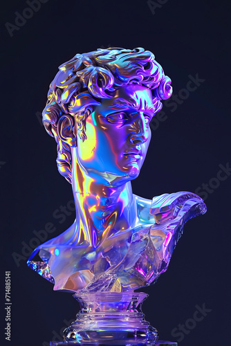 3D render of the head of a statue of David in holographic neon light on a dark blue background vertical image