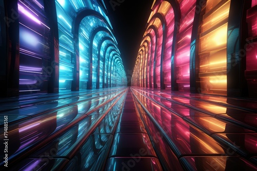 Vibrant beams dance through the dark tunnel, a mesmerizing fusion of art and symmetry illuminating the night with a kaleidoscope of light photo