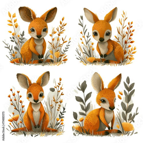 Clipart set of 4 simple abstract happy kangaroos by Generative AI