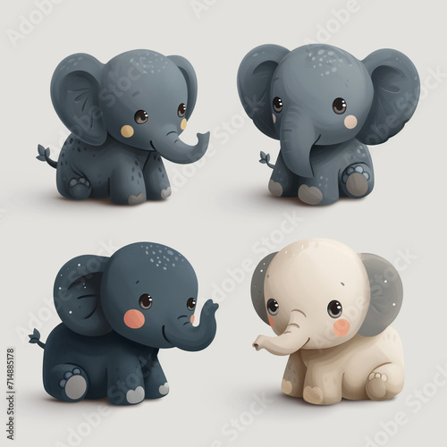  Clipart set of 4 simple abstract happy elephants by Generative AI