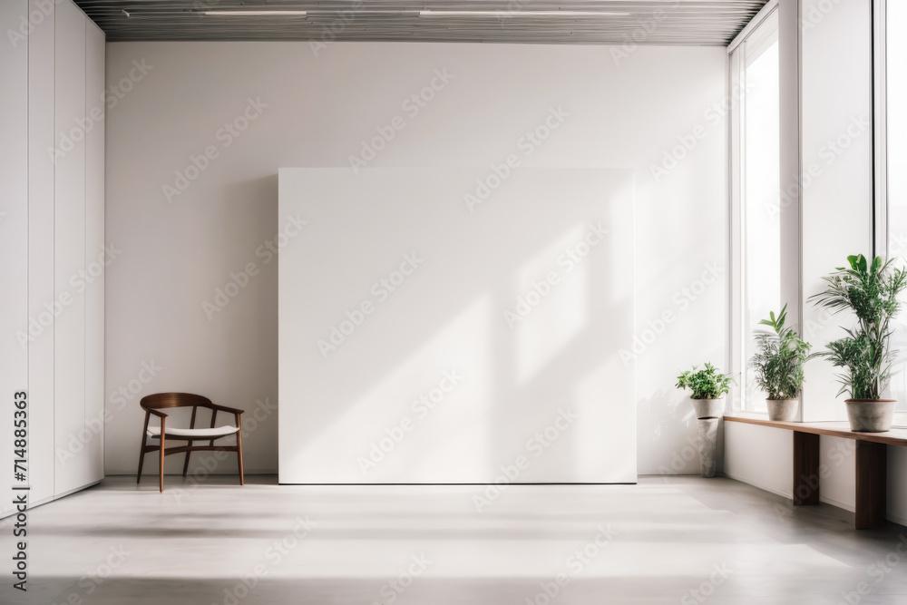 Single big clear white Canvas; Minimalistic White Wall in a Contemporary office Interior. Modern office. wooden table and blank white poster. Mockup