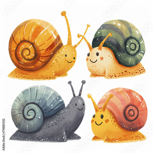 Clipart set of 4 simple abstract happy snails by Generative AI