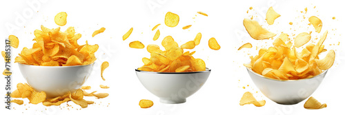 Collection of potato chips flying on bowl, isolated on transparent or white background
