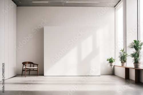 Obraz na płótnie Single big clear white Canvas; Minimalistic White Wall in a Contemporary office Interior. Modern office. wooden table and blank white poster. Mockup w salonie