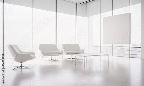 Single big clear white Canvas  Minimalistic White Wall in a Contemporary office Interior. Modern office. wooden table and blank white poster. Mockup © Roman